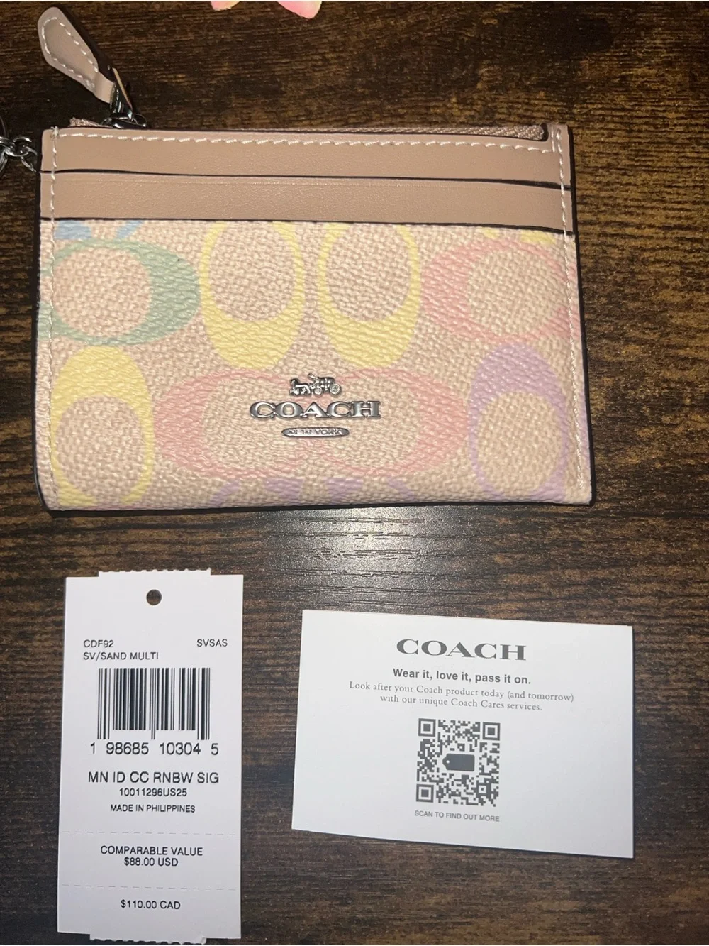 NWT Coach Mini Skinny ID Case in Signature Rainbow Pattern with Silver Sand